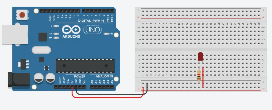 Tinkercad circuit showing how to light up an LED.
