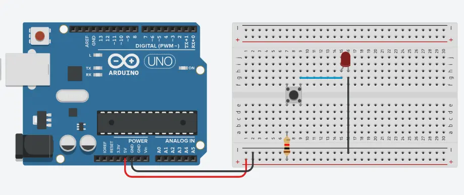 Tinkercad circuit showing how to light an LED with a button.