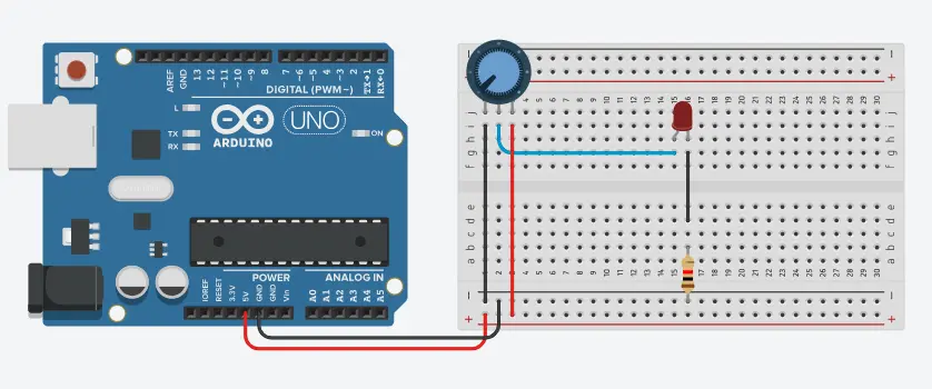 Tinkercad circuit showing LED dimming with a potentiometer.