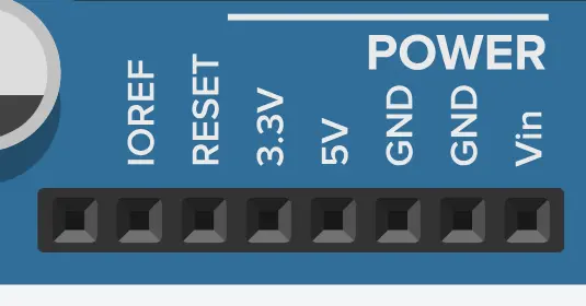 Tinkercad image showing the power and ground pins.