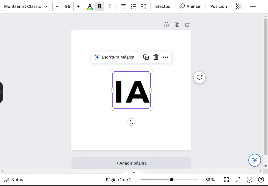 In Canva, writing the word IA