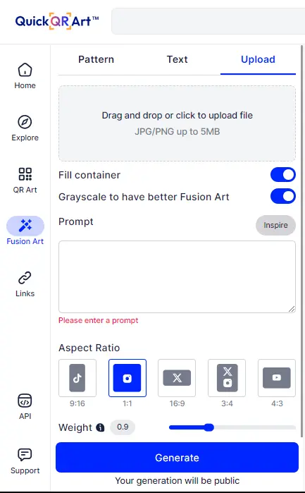 In QuickQRArt, we go to the Upload section.
