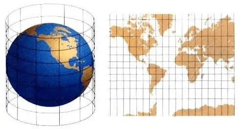 Image showing the Earth as a sphere and, next to it, represented on a world map.