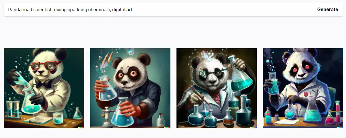 Image result from entering the prompt "Mad scientist panda mixing foamy chemical compounds. Digital art" in DALL·E 2